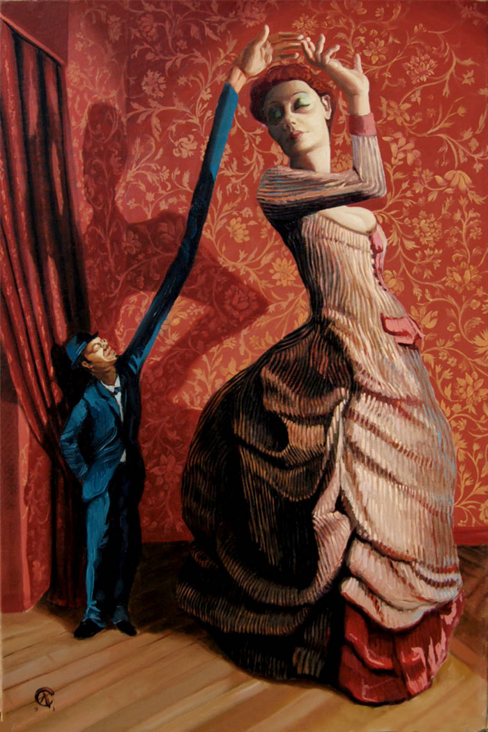 Il dipinto Il ballo con la gigantessa: donna in abito rigato con le braccia sopra il capo e uomo minuscolo con un braccio lunghissimo.