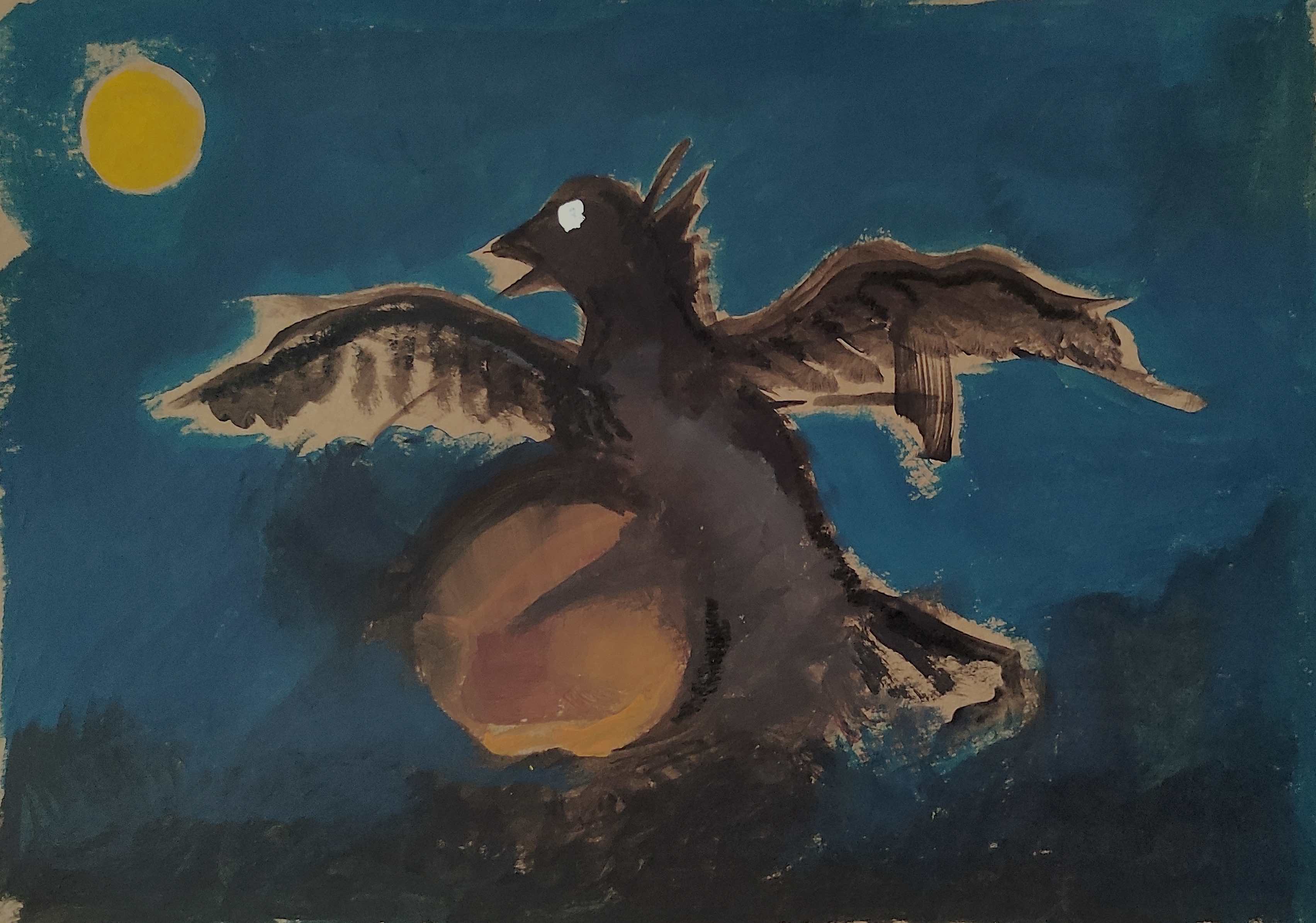A dark bird croacking to the moon