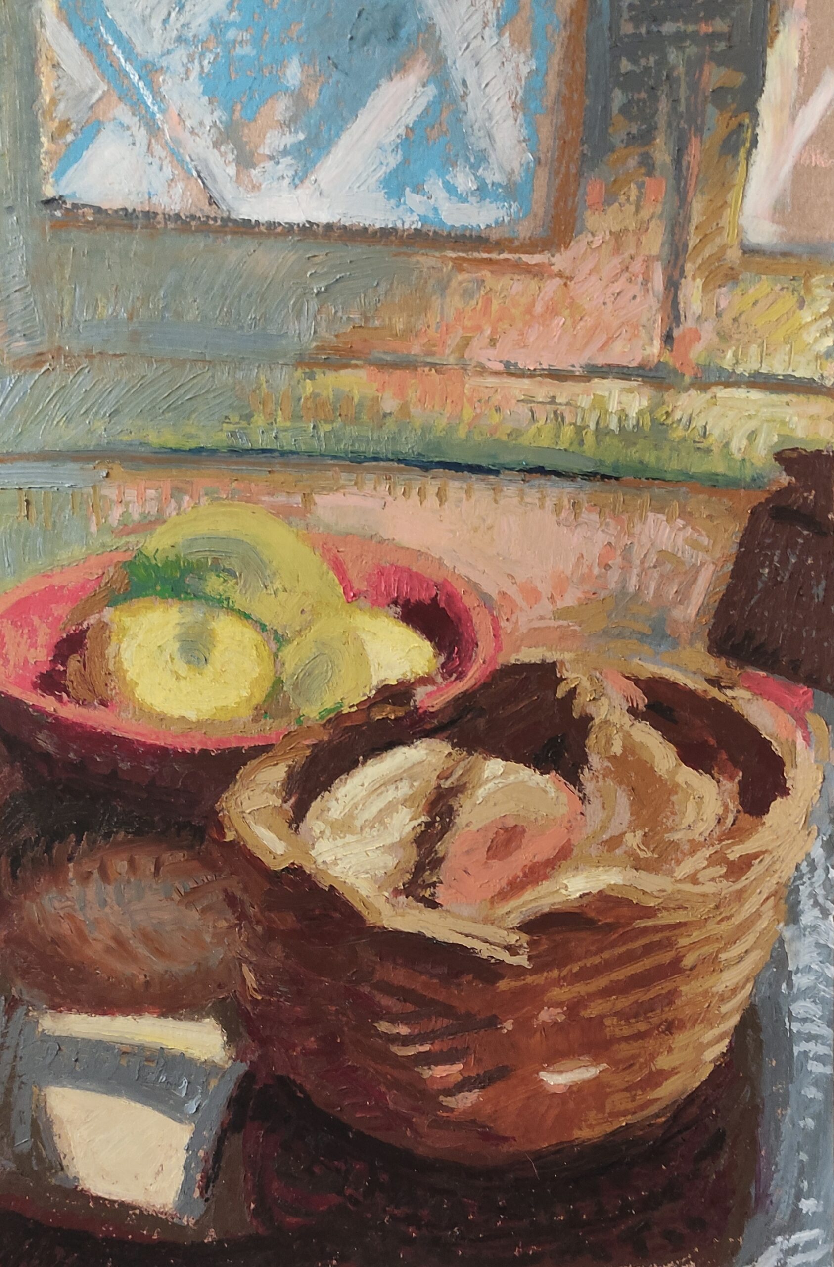 Cesta di vimini con pane frutta e finestra - pastello ad olio su cartonicino (40 x 30)