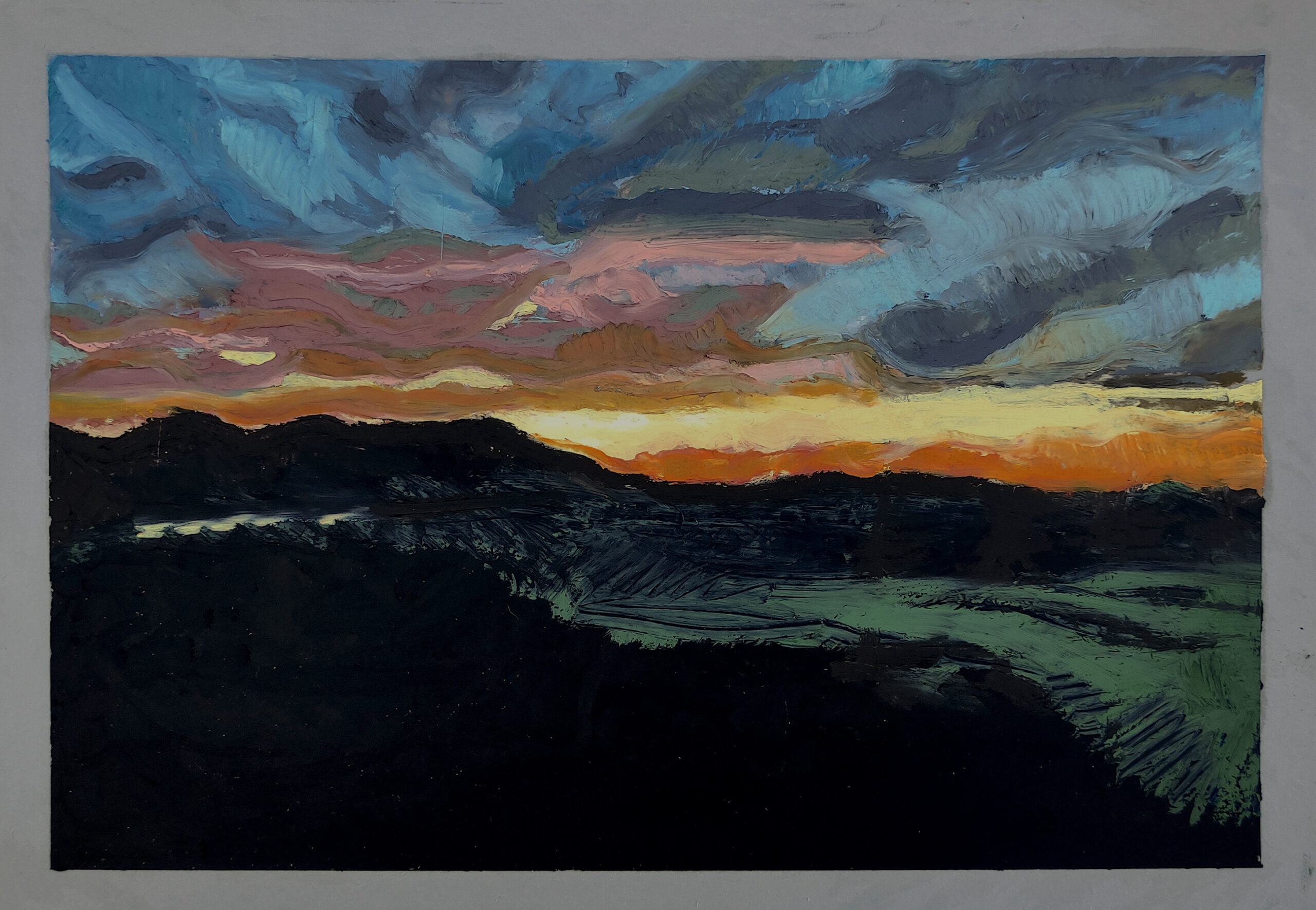 Tramonto con treno - pastello ad olio su cartonicino (30 x 40)